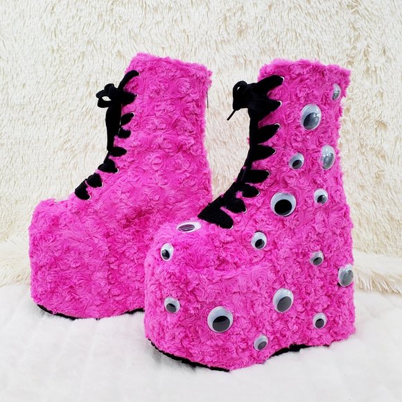 Hot Pink Furry Platform Monster Punk Ankle Boots - Picture 5 of 10
